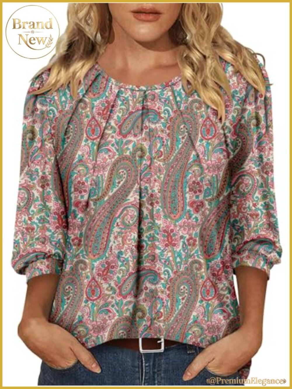 Women's 3/4 Sleeve Pleated Crewneck Tunic Blouse Loose Fit Cotton Blend